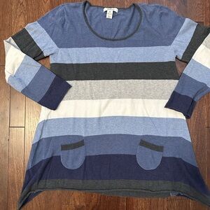 Striped Blue and Gray Lightweight Long Sweater Medium